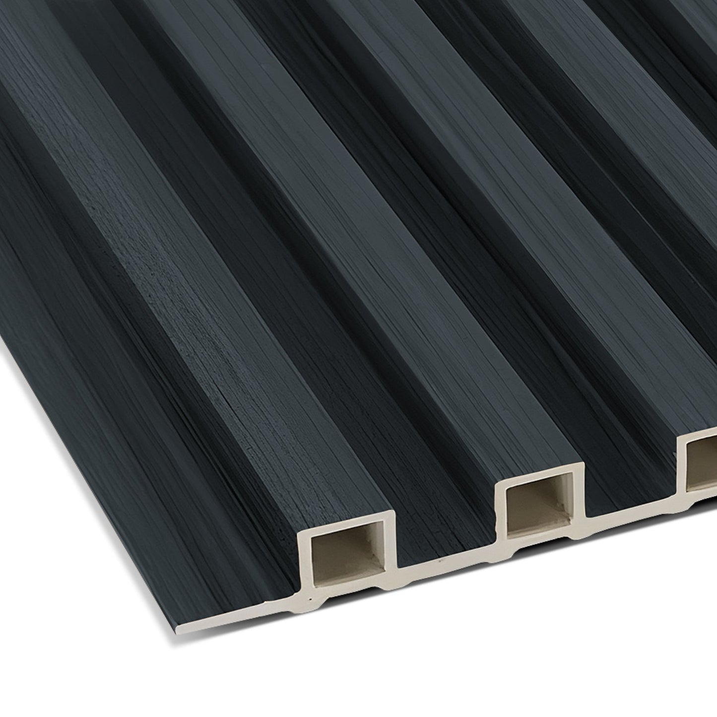 Close-up of the Landmark Decor Space Gray WPC Fluted Slat Wall Panel, a black rectangular board with five parallel grooves and open ends, perfect for use as acoustic panels or stylish accent wall features.