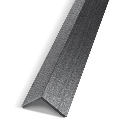 A close-up of the Landmark Decor Space Gray Interior WPC Panel Corner, featuring a brushed finish, perfect for finishing wall panel corners in modern interiors, displayed against a white background.