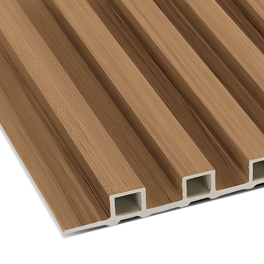 Close-up of Landmark Decor’s Natural Wood Color WPC Fluted Slat Wall Panel, featuring a brown wood texture, rectangular hollow cavities, and parallel ridges—perfect for accent walls or modern interior design.