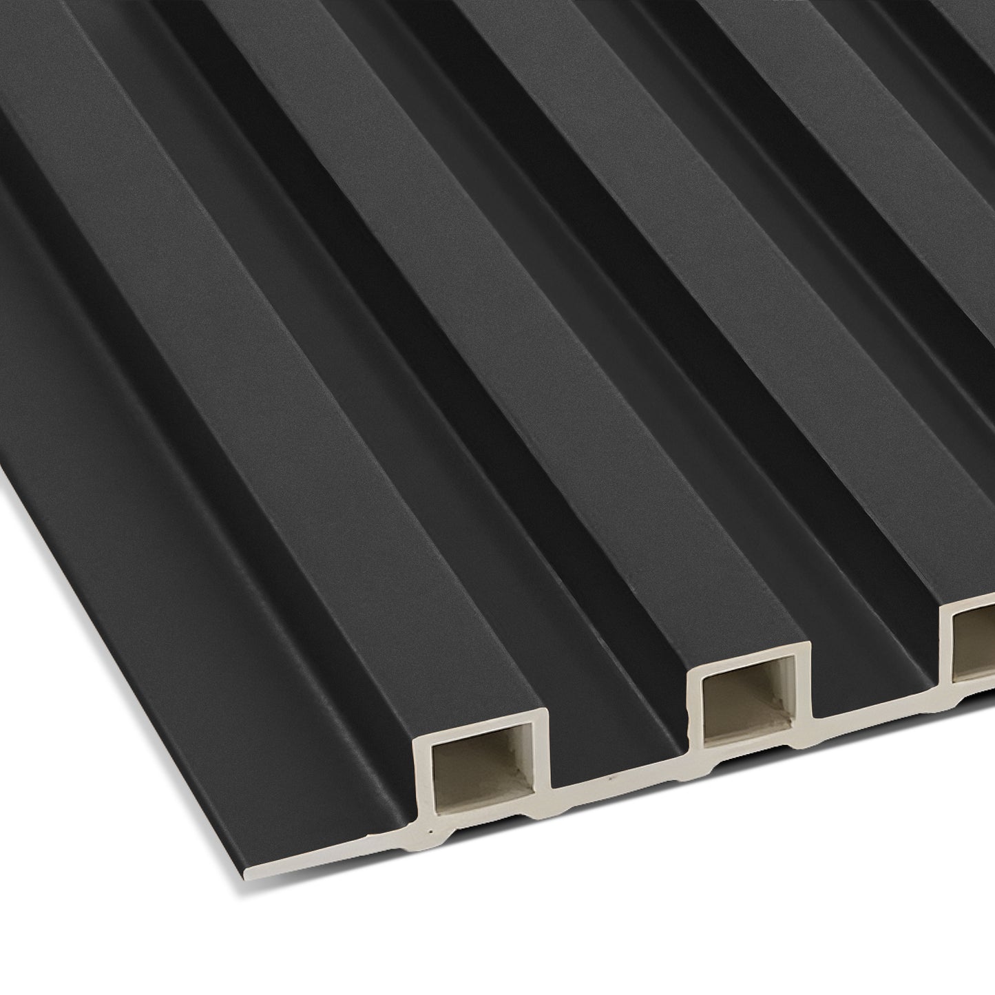 The Landmark Decor Dark Gray WPC Fluted Slat Wall Panel features a grooved ribbed surface with hollow lengthwise channels—perfect for stylish accent or modern interior walls.