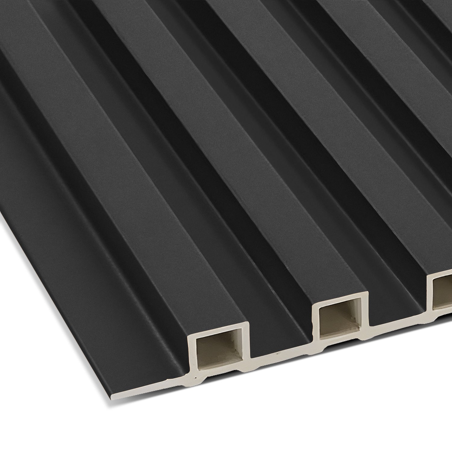 The Landmark Decor Dark Gray WPC Fluted Slat Wall Panel features a grooved ribbed surface with hollow lengthwise channels—perfect for stylish accent or modern interior walls.