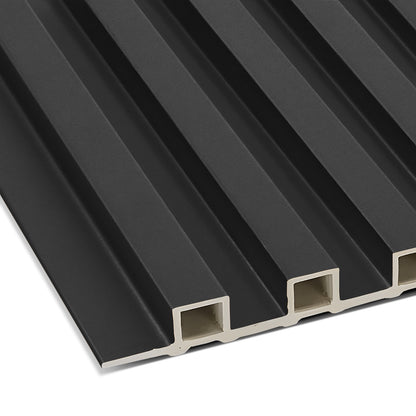 The Landmark Decor Dark Gray WPC Fluted Slat Wall Panel features a grooved ribbed surface with hollow lengthwise channels—perfect for stylish accent or modern interior walls.