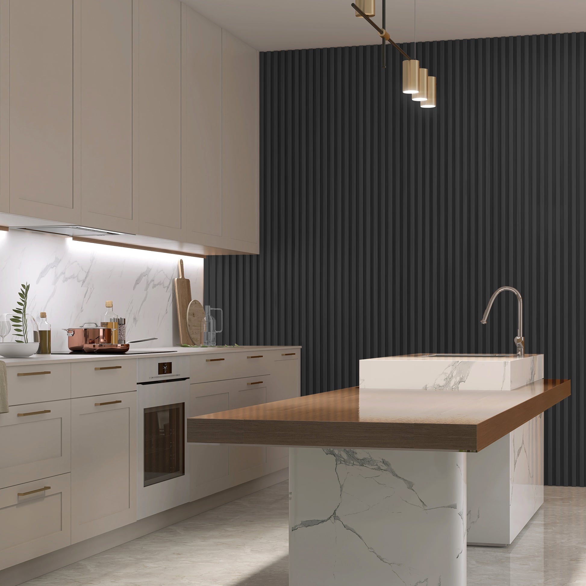 Modern kitchen with white cabinetry, marble countertops, a wood-accented island, under-cabinet lighting, and a dark vertically-striped accent wall featuring Landmark Decor’s Dark Gray WPC Fluted Slat Wall Panel.