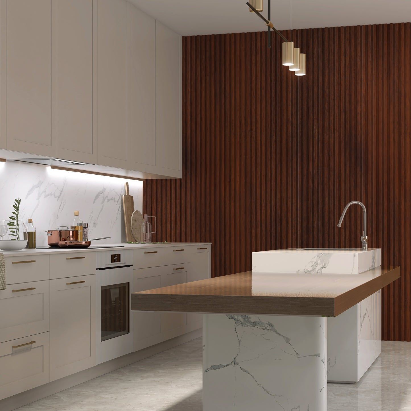 Modern kitchen with white cabinets, marble countertops, built-in oven, a Landmark Decor Chocolate Brown WPC Fluted Slat Wall Panel accent wall, and a large island featuring a marble base and wood countertop with sink.
