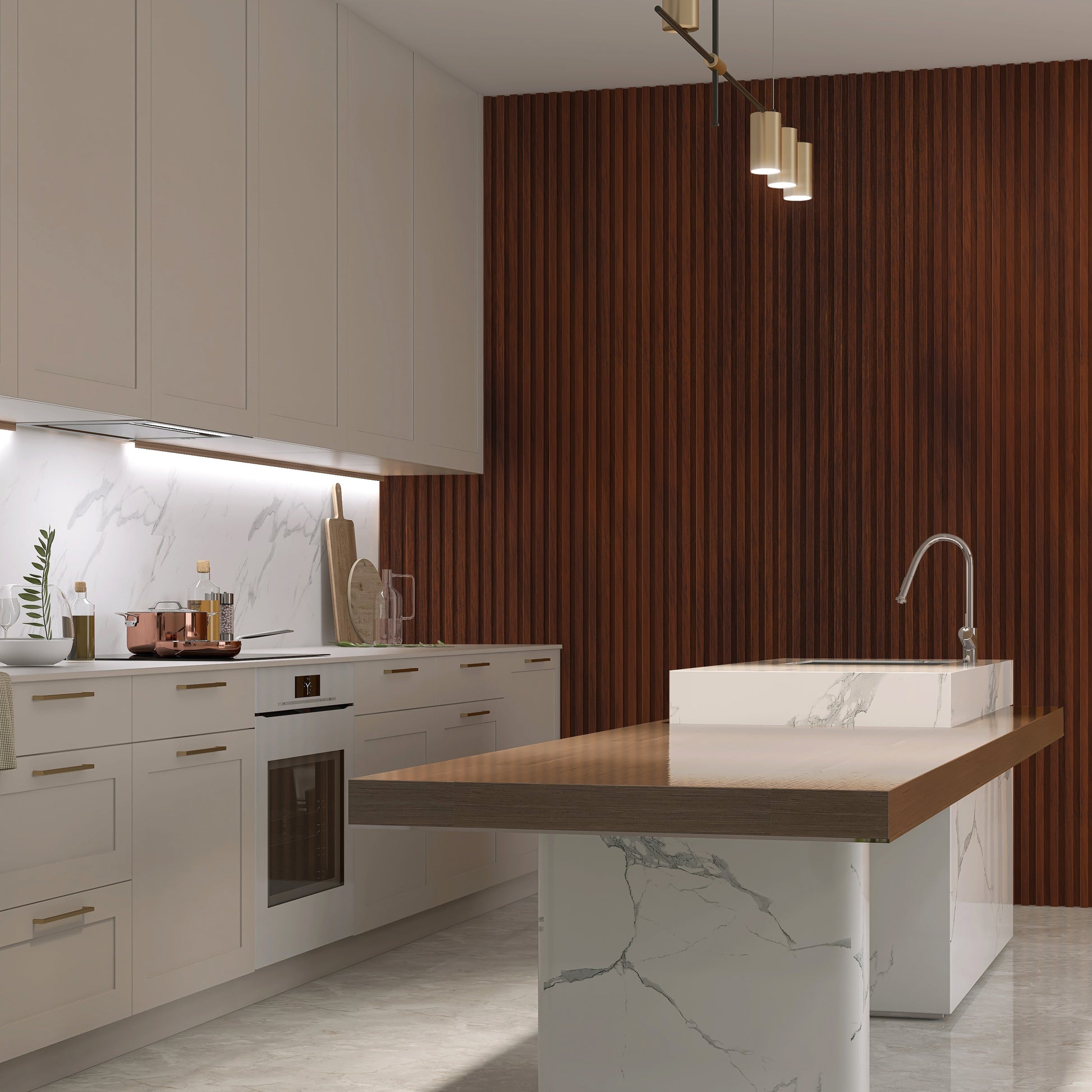 Modern kitchen with white cabinets, marble countertops, built-in oven, a Landmark Decor Chocolate Brown WPC Fluted Slat Wall Panel accent wall, and a large island featuring a marble base and wood countertop with sink.