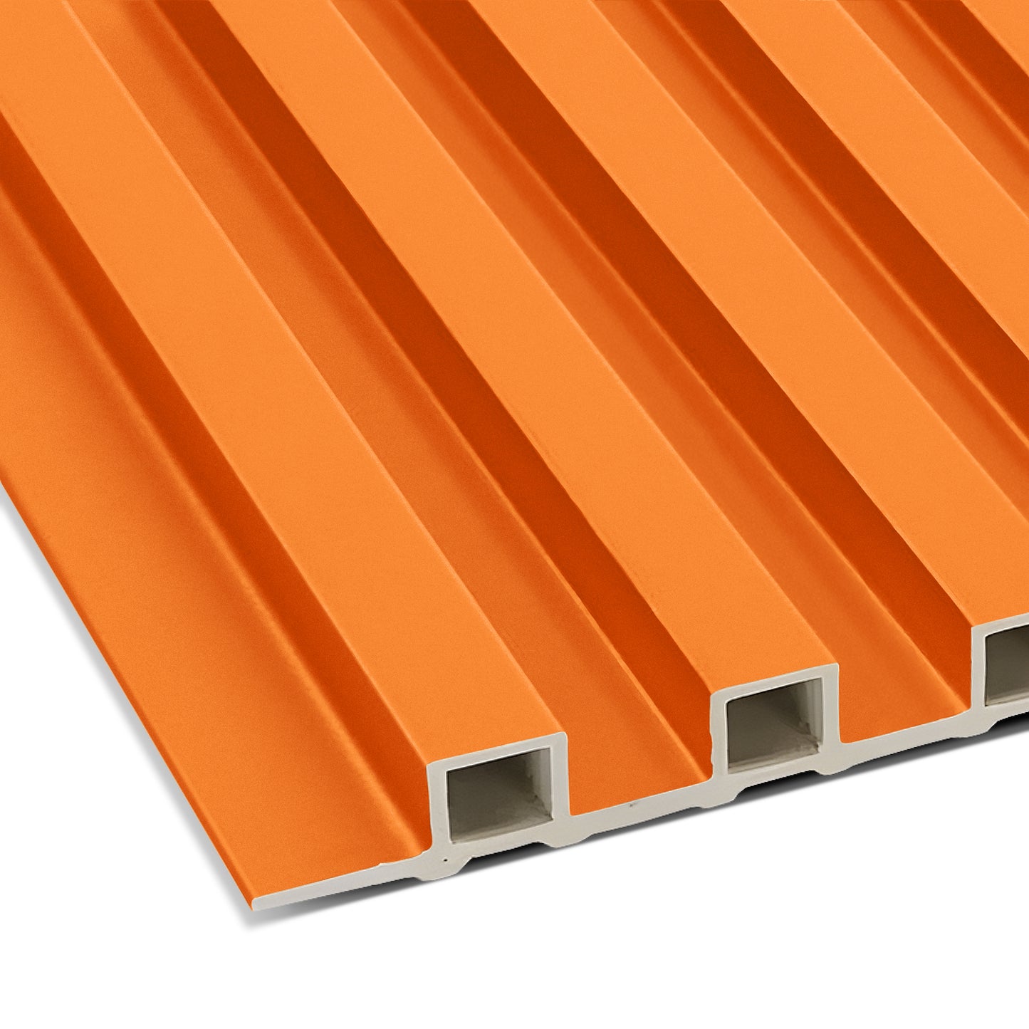 Close-up of Landmark Decor’s Orange WPC Fluted Slat Wall Panel, highlighting its orange and white grooved surface with rectangular hollow channels and a smooth matte finish—perfect for stylish wall cladding or modern accent walls.