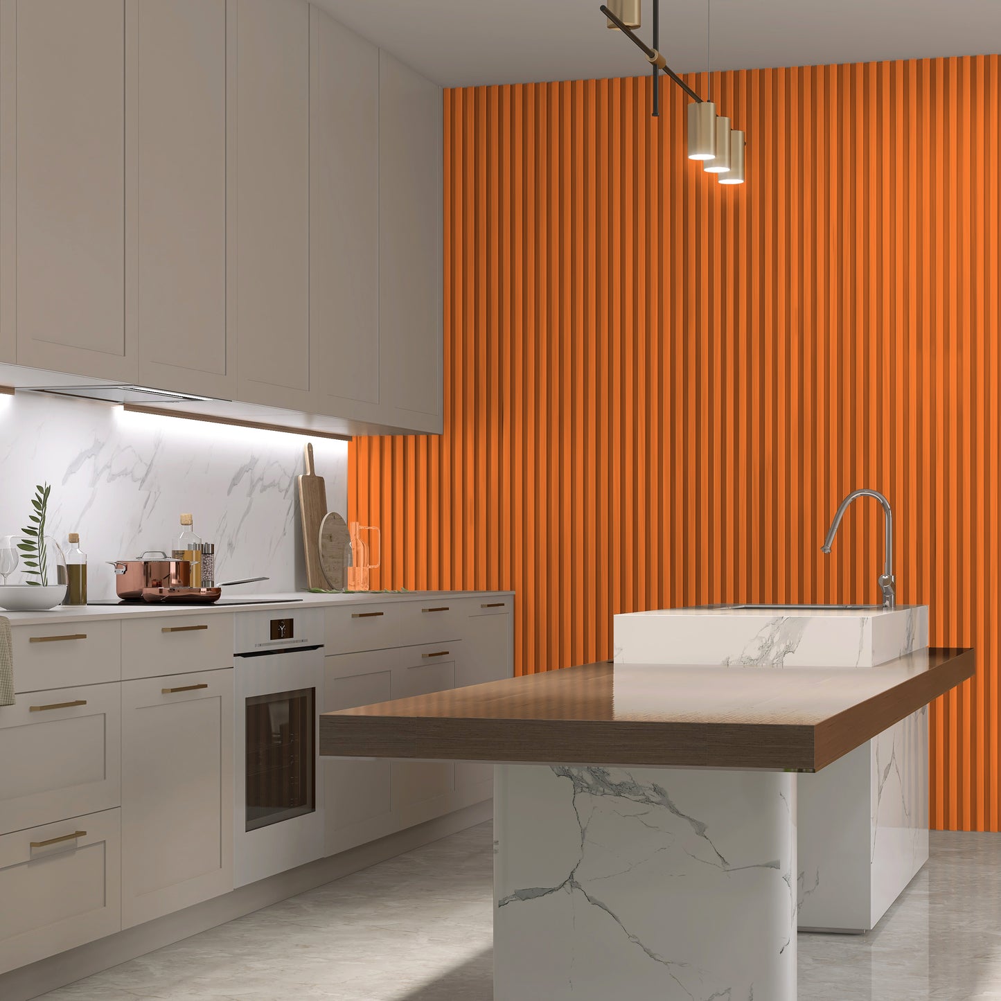 Modern kitchen with white cabinets, marble countertops, built-in oven, island sink, and a bold accent wall featuring Landmark Decor's Orange WPC Fluted Slat Wall Panel.
