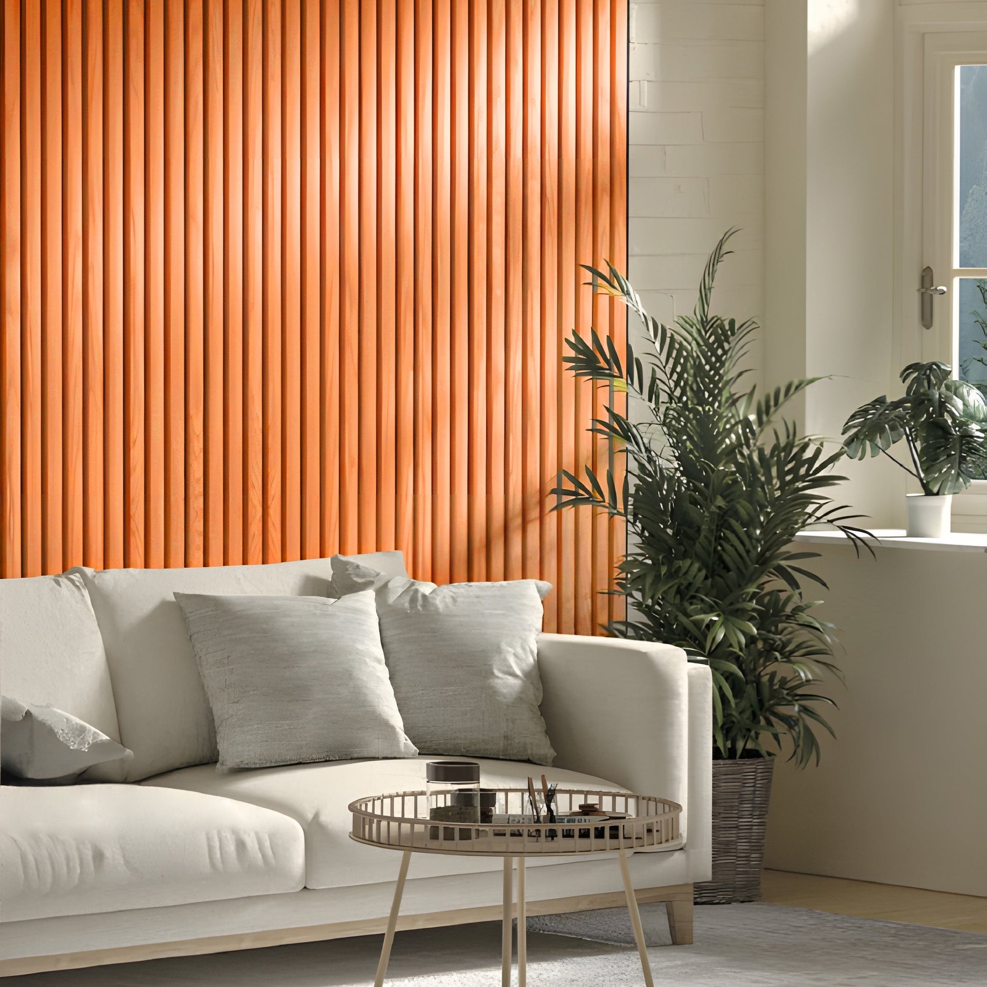A modern living room with a beige sofa, light gray pillows, a round metal coffee table, potted plants, and an Orange WPC Fluted Slat Wall Panel by Landmark Decor accenting the sunlit window.