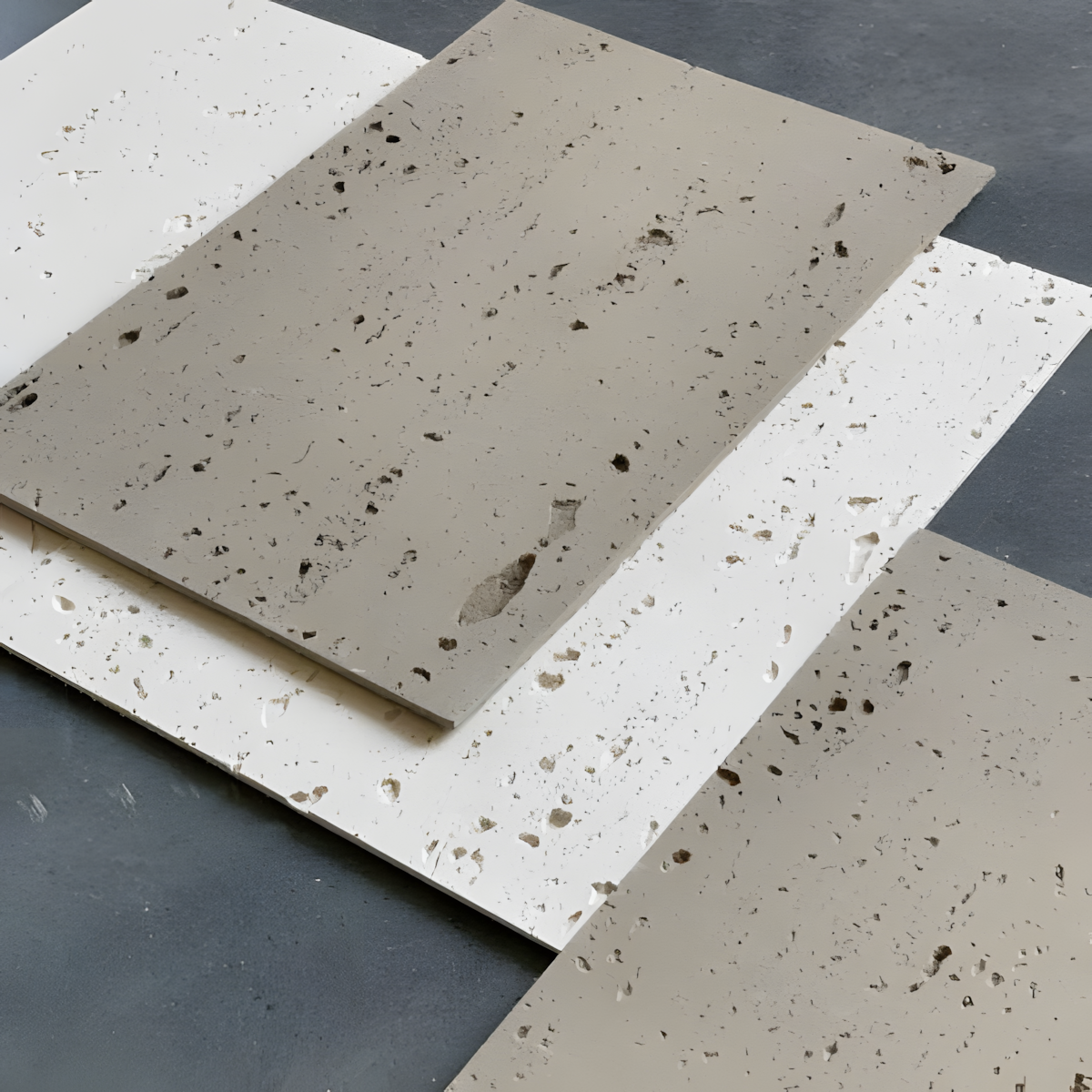 Three Landmark Decor Travertine Stone Sheets in white, featuring a natural stone finish and scattered dark speckles, are displayed on a dark gray surface.