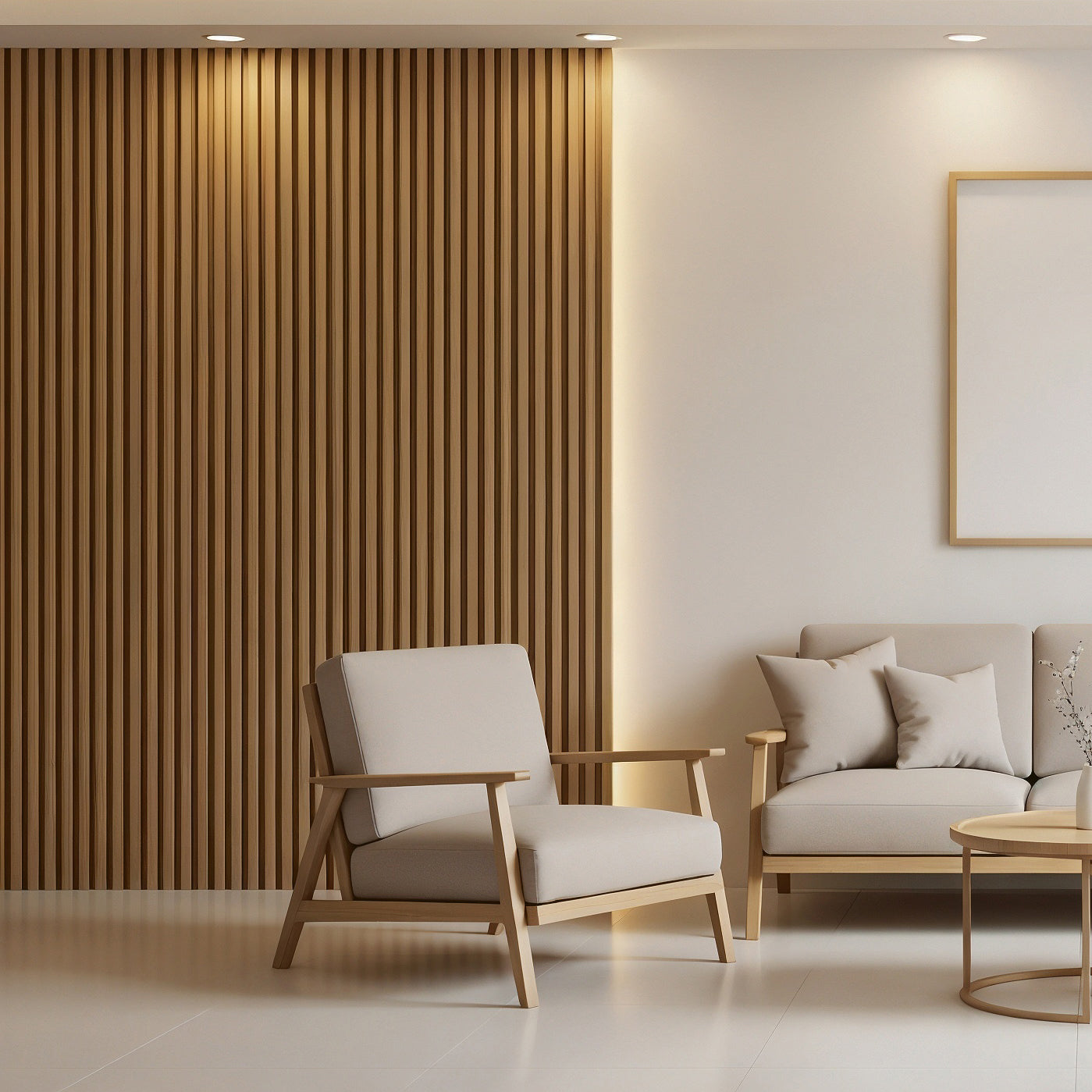 A modern living room features a beige armchair and sofa, Landmark Decor’s Warm Oak Thin Interior WPC Wall Panels as an accent wall, and a blank picture frame hanging above the sofa.