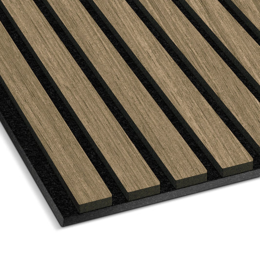 A close-up of the Landmark Decor Light Smoke Acoustic Slat Wall Panel, featuring real wood slats on a black backing—ideal for modern interiors and effective sound absorption.