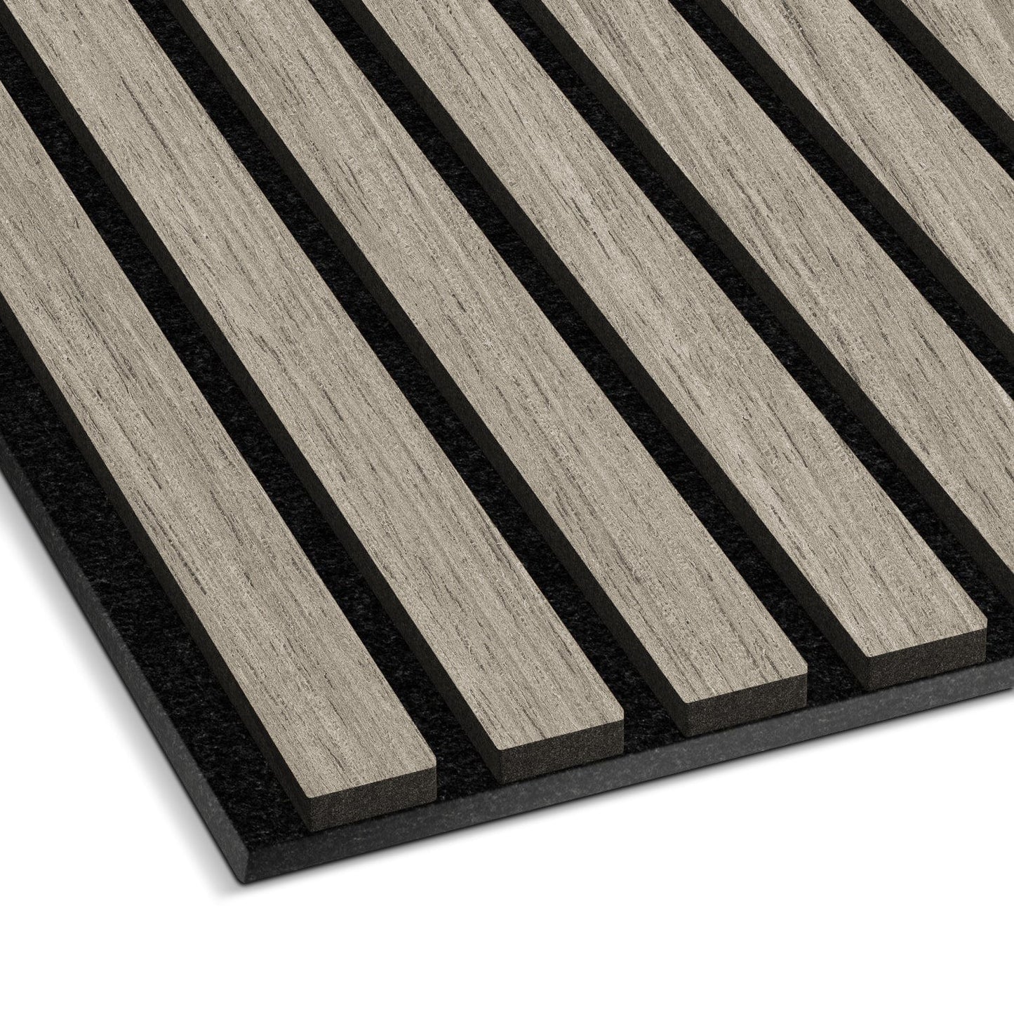 Close-up of Landmark Decor's Light Gray Acoustic Slat Wall Panel, showcasing evenly spaced rectangular wood slats on a black base—an elegant solution for soundproofing and modern interior design.