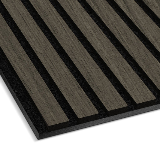 A close-up of the Landmark Decor Dark Gray Acoustic Slat Wall Panel showcases its evenly spaced, raised dark brown real wood slats arranged parallel—making it ideal for stylish interior design and effective soundproofing.