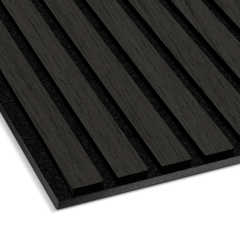 Black Ebony acoustic slat wall panel with real wood slats on dark felt