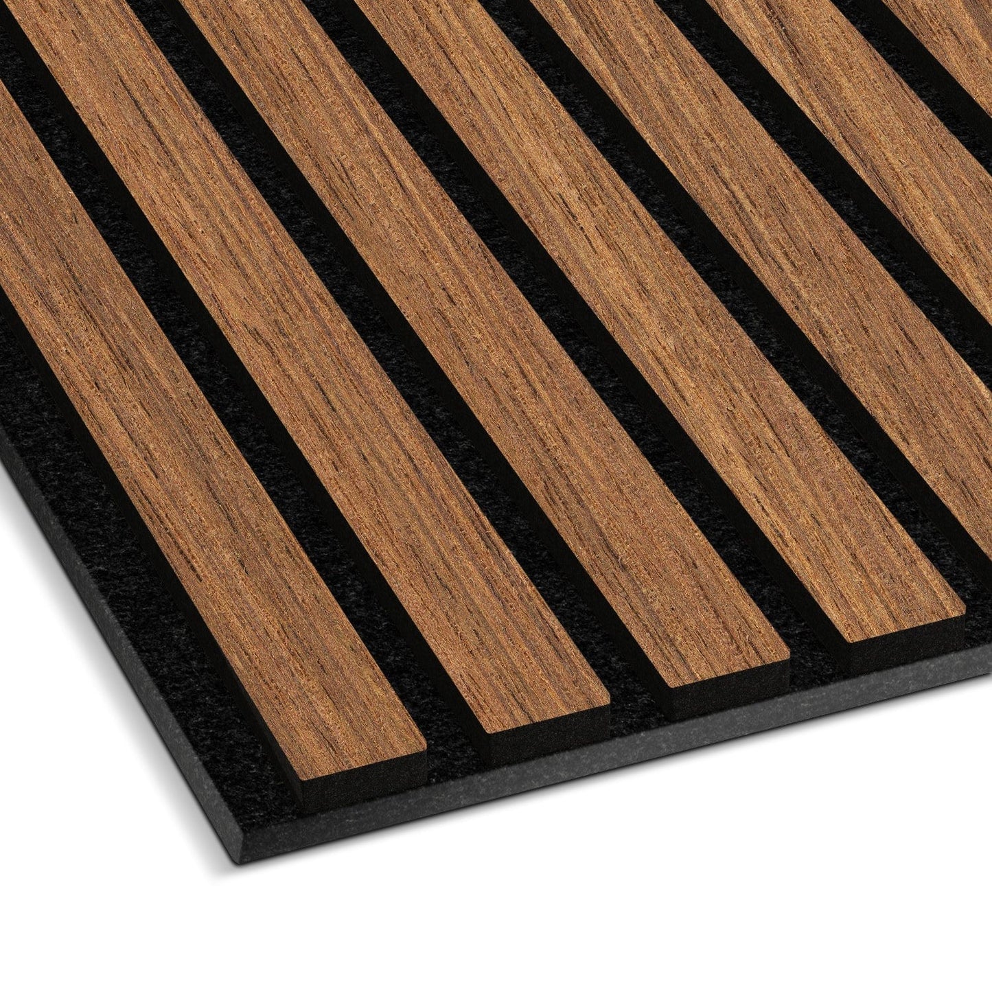 A close-up of the Landmark Decor Light Smoke Oak Acoustic Slat Wall Panel, showcasing alternating light smoke oak slats and black grooves on a black base—ideal for modern interiors and improved soundproofing.