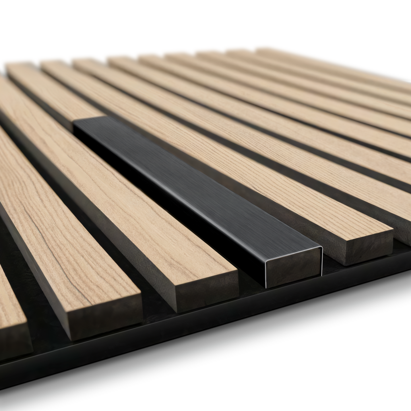 The Landmark Decor Wood Panel Metal Cover-Black features parallel wood panels on a black base with a dark rectangular metal cover among the slats for a modern accent.