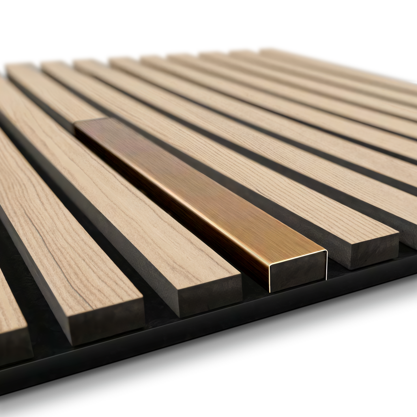 The Landmark Decor Wood Panel Metal Cover-Bronze features a modern design with evenly spaced light wood strips, a unique bronze metal cover, and a sleek black base.