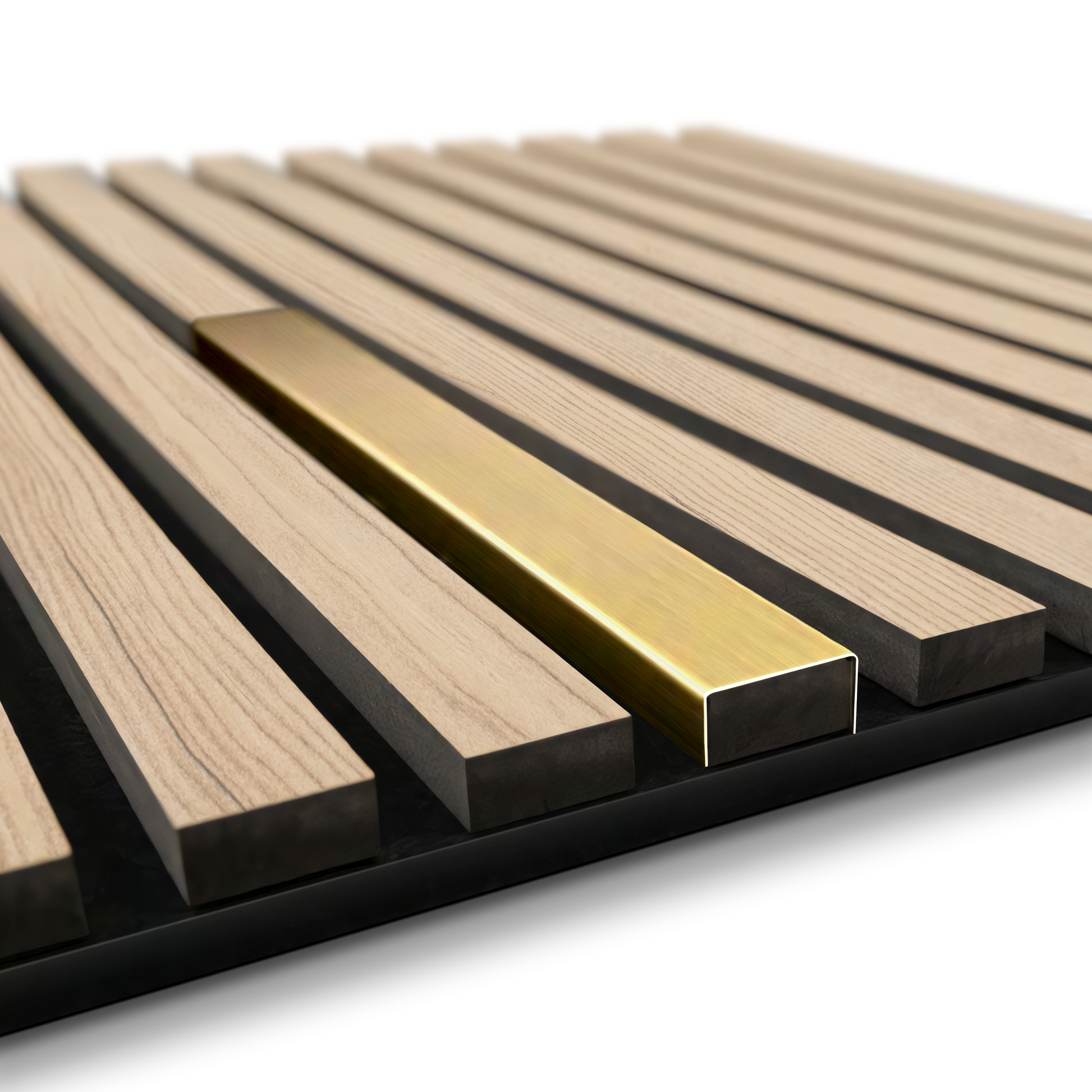 The Landmark Decor Wood Panel Metal Cover-Champaign Gold features parallel wood panels on a black base with a metallic gold bar, highlighting modern design.