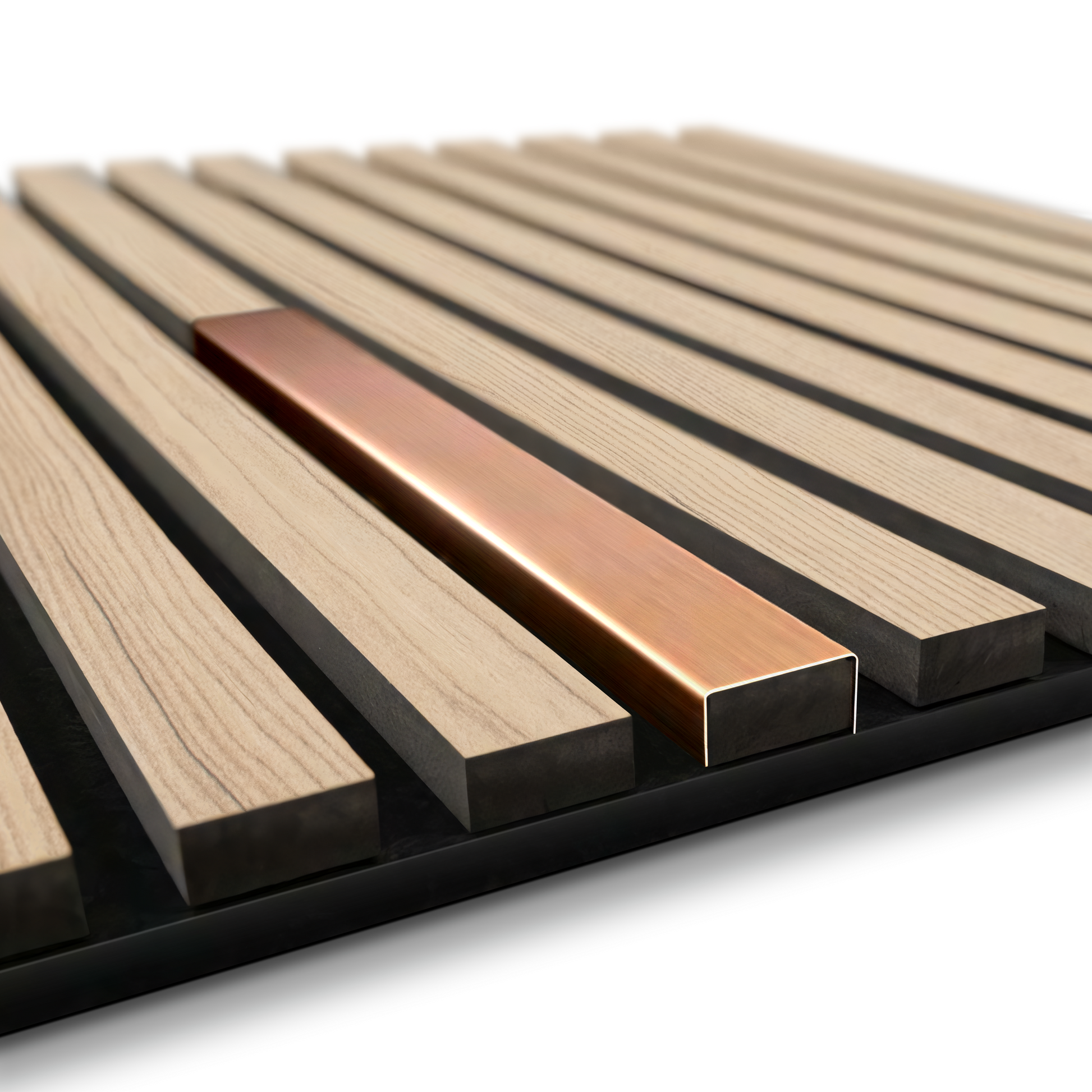 The Landmark Decor Wood Panel Metal Cover-Rose Gold features parallel wood panels with a striking rose gold metal accent, all set on a sleek black base for a contemporary look.