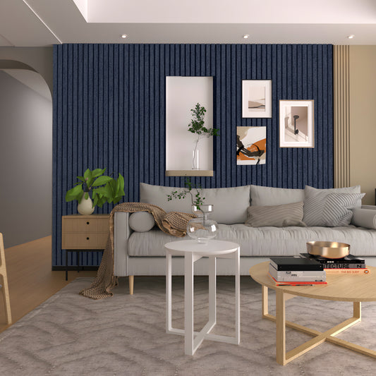 trending blue wall panel in living setting with white couch and decorative table 